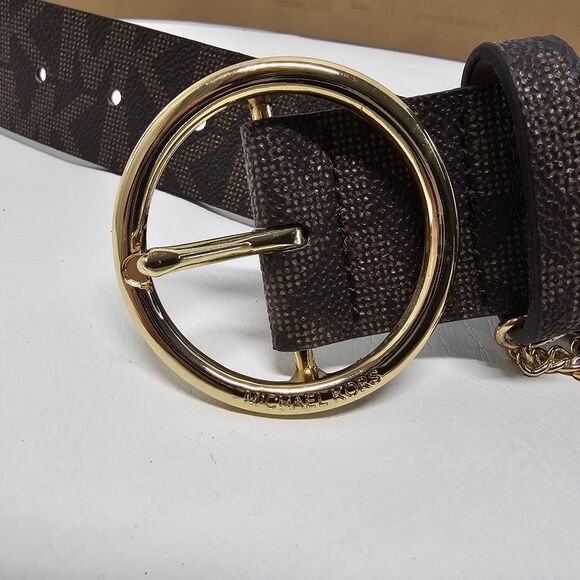 Michael Kors Signature Logo Belt Gold Buckle Gold Chain Gold MK Tag – Size L - Picture 2 of 6